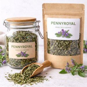 Dried pennyroyal leaves in a glass jar and kraft pouch with botanical label, wooden scoop, and fresh pennyroyal sprigs on a light background.