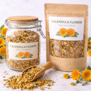 Dried calendula marigold flowers with bright golden petals used for herbal skin care and teas