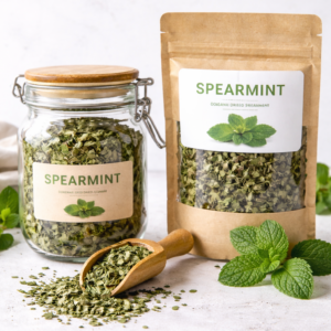 Dried spearmint leaves displayed in a glass jar and kraft paper pouch with fresh spearmint sprigs and a wooden scoop on a light stone surface.