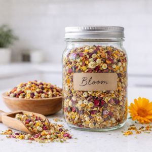 Bloom Tea floral herbal blend with dried rose, chamomile, and calendula displayed in a glass jar with wooden scoop on a light apothecary countertop
