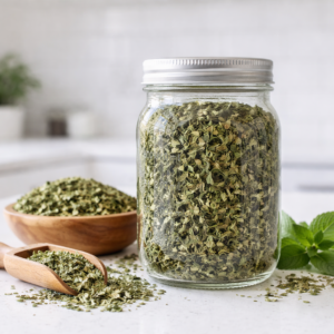 Mason jar filled with dried peppermint, spearmint, and pennyroyal herbs on a white kitchen counter with wooden scoop and bowl.