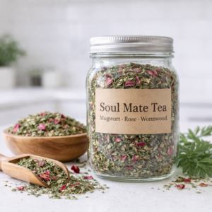 Glass mason jar labeled “Soul Mate Tea” filled with a loose-leaf herbal blend of mugwort, rose petals, and wormwood, placed on a white kitchen counter beside a wooden bowl and scoop of herbs with fresh green mugwort leaves in the background.
