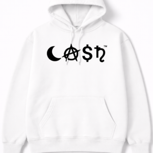 CASH Tee Hoodie featuring crescent moon, anarchy symbol, dollar sign, and Saturn glyph representing financial literacy, discipline, and self-reliance