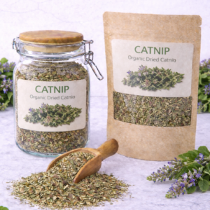 Organic dried catnip in a glass jar and kraft resealable pouch with wooden scoop spilling loose cut catnip on marble surface, fresh flowering catnip sprigs arranged around packaging.
