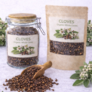 Organic whole cloves in a glass jar and kraft resealable pouch with wooden scoop spilling loose cloves on marble surface, fresh clove buds and green leaves arranged around packaging.