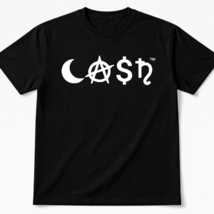 Black short-sleeve t-shirt with a white graphic reading “Co$h™,” featuring a crescent moon symbol and an anarchy-style “A” incorporated into the lettering.