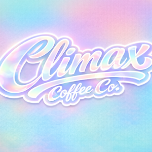 Iridescent white cursive logo reading “Climax Coffee Co.” in a billboard-style script with thick outlined lettering and a soft wave-like sheen on a transparent background.