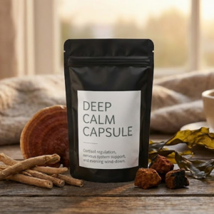 A black mylar bag of Deep Calm Capsules for cortisol regulation and nervous system support, surrounded by raw ashwagandha root, reishi mushroom, and chaga.